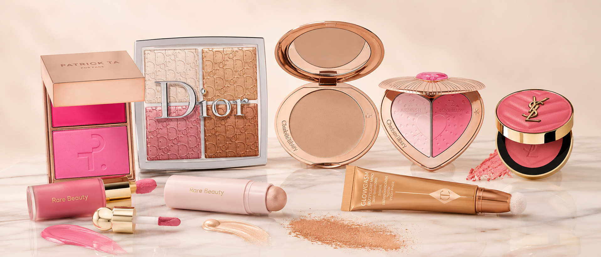 Maquillaje para mejillas con rubor, bronzer e iluminador