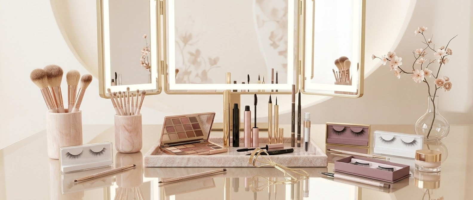Maquillaje para ojos con paletas de sombras, delineadores y máscaras
