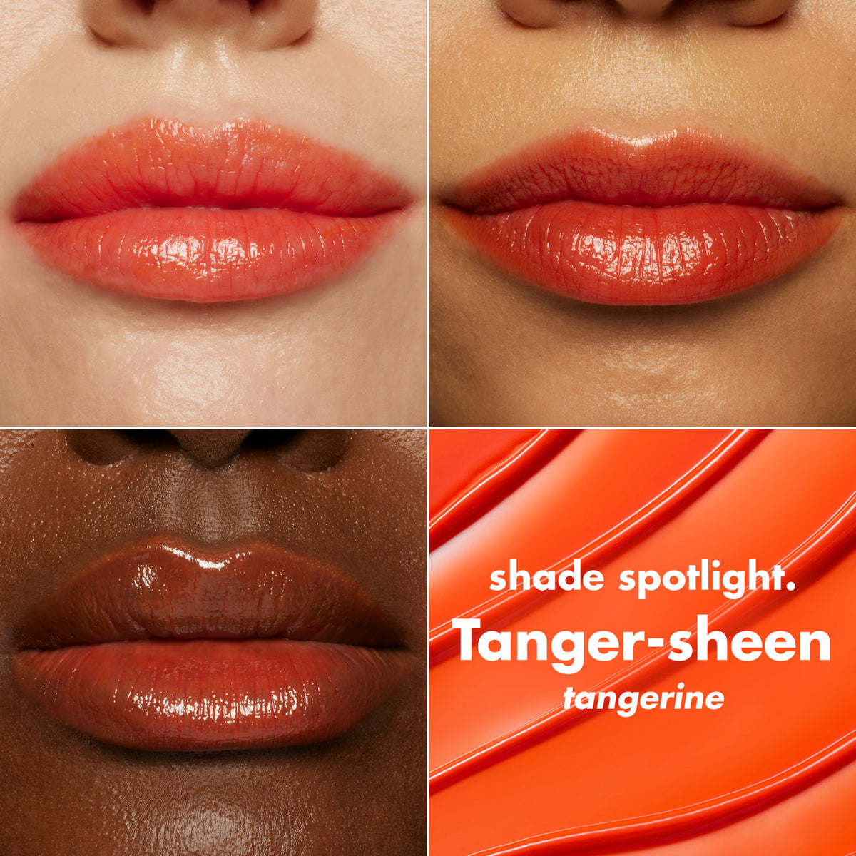 e.l.f. Glow Reviver Lip Oil Stick, tono Tanger-sheen aplicado sobre distintos tonos de piel #color_ELF Tanger-sheen
