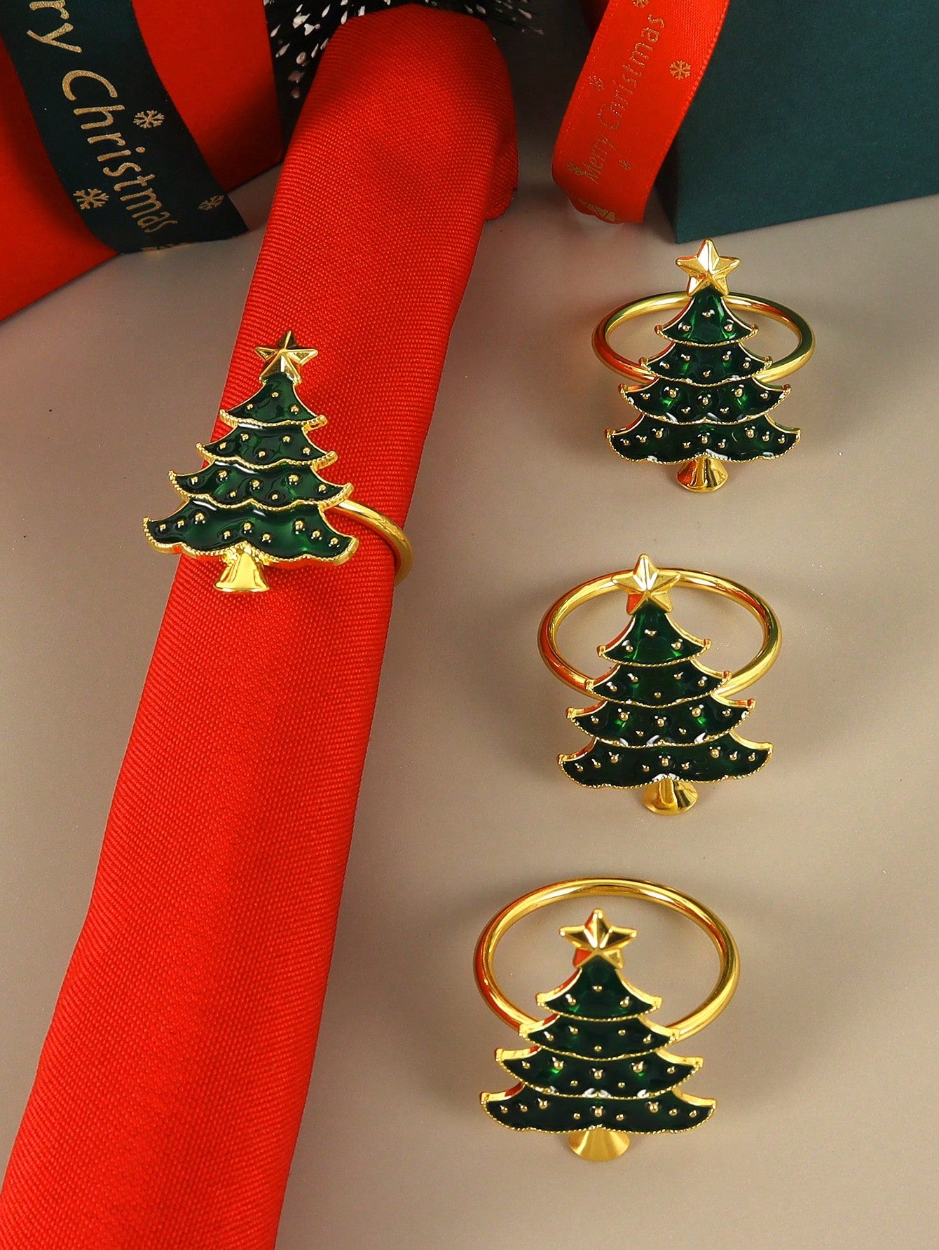 Anillos De Servilleta Con Forma De Árbol De Navidad Verde Con Efecto De Gotas De Aceite