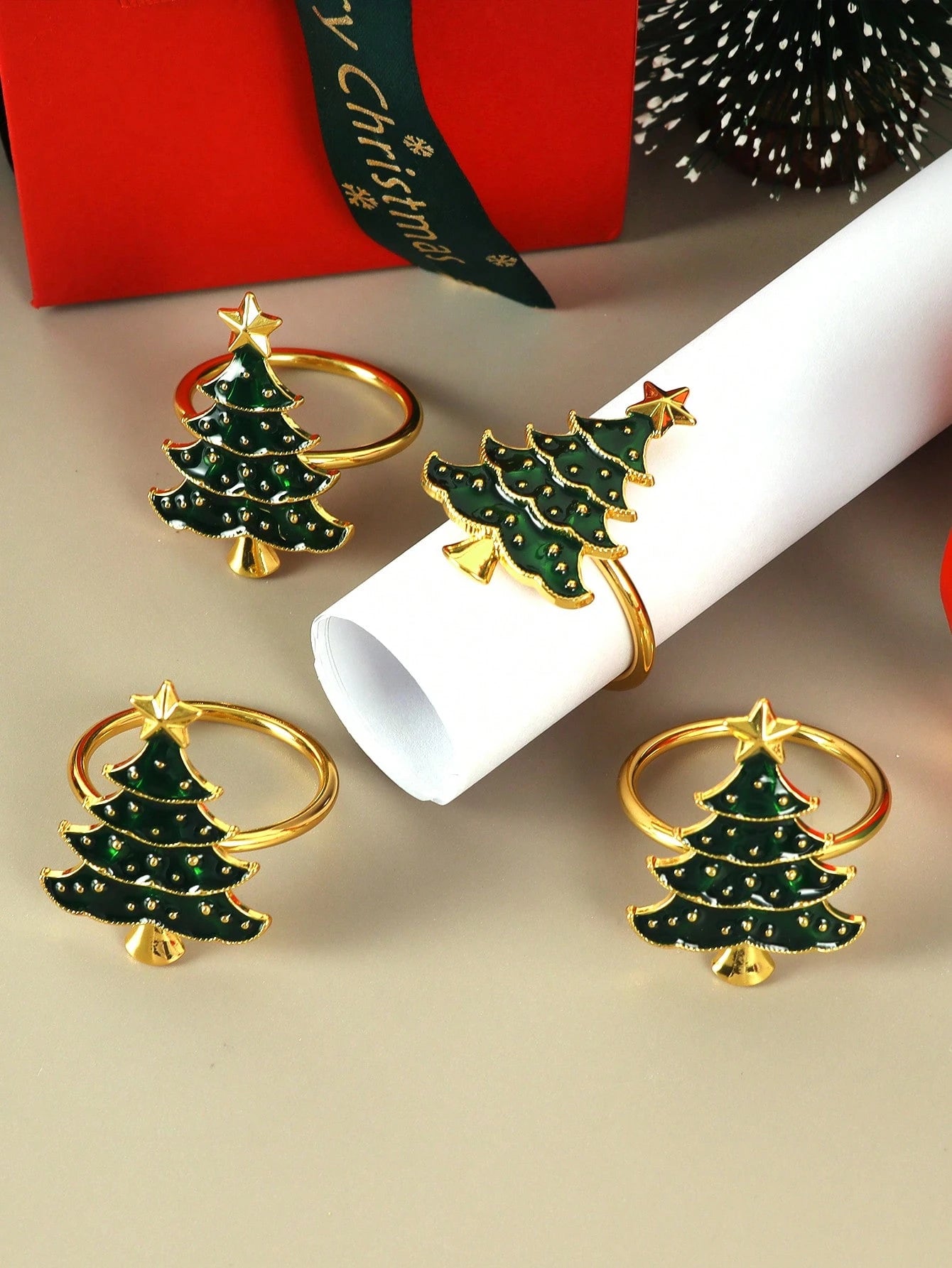 Anillos De Servilleta Con Forma De Árbol De Navidad Verde Con Efecto De Gotas De Aceite
