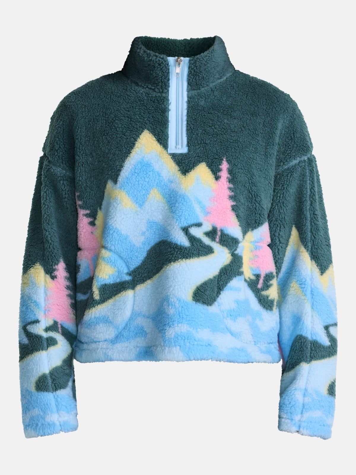 No Boundaries Faux Shearling Plush Pullover para mujer, NOB Emerald Coast Mountains, fotografía complementaria de la sudadera #color_NOB Emerald Coast Mountains