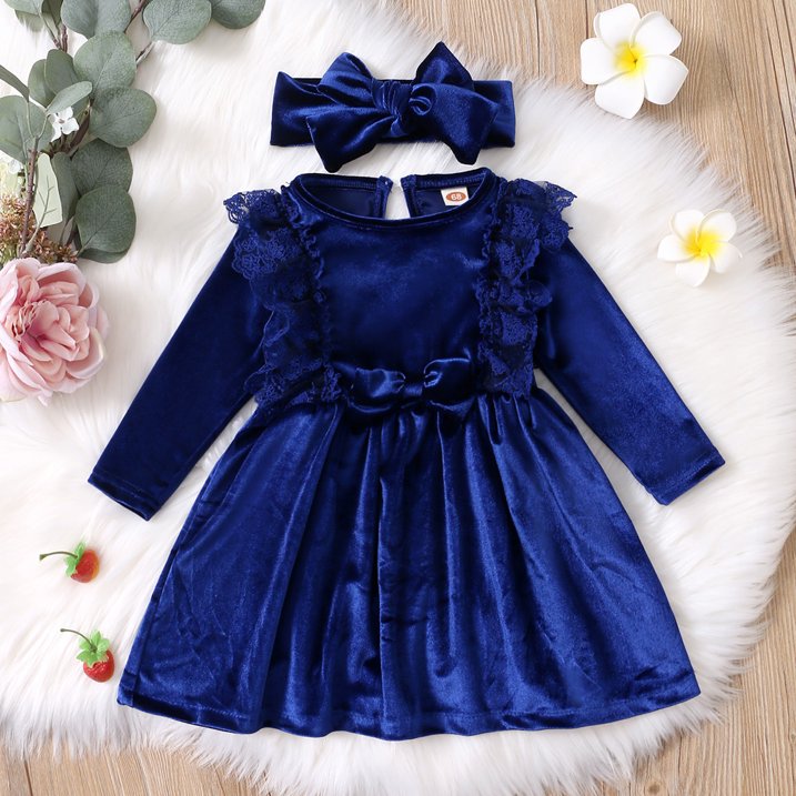 Vintage Princess Toddler Baby Girl Long Sleeve Velvet Ruffle Tutu Lace Dress