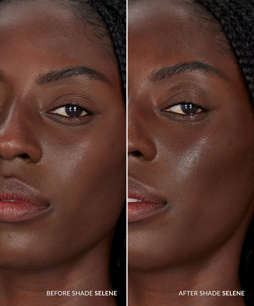 REFY Water Bronzer tono Selene, antes y después sobre piel profunda #color_REFY Selene