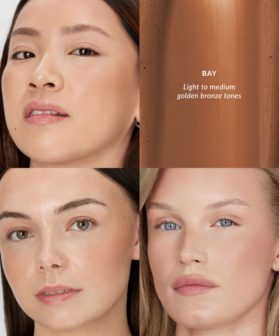 REFY Water Bronzer tono Bay, bronze dorado claro a medio en distintos rostros #color_REFY Bay