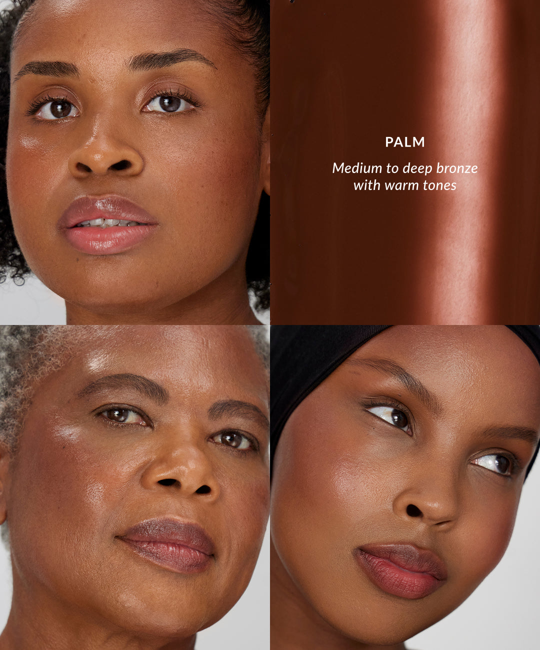 REFY Water Bronzer tono Palm, bronze cálido medio a profundo en distintos rostros #color_REFY Palm