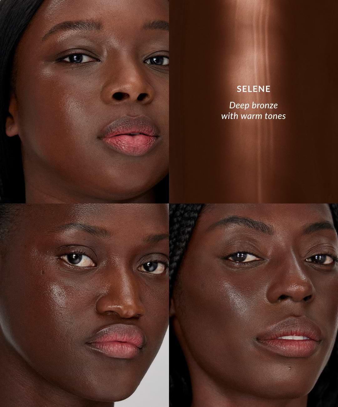 REFY Water Bronzer tono Selene, bronze profundo cálido en distintos rostros #color_REFY Selene
