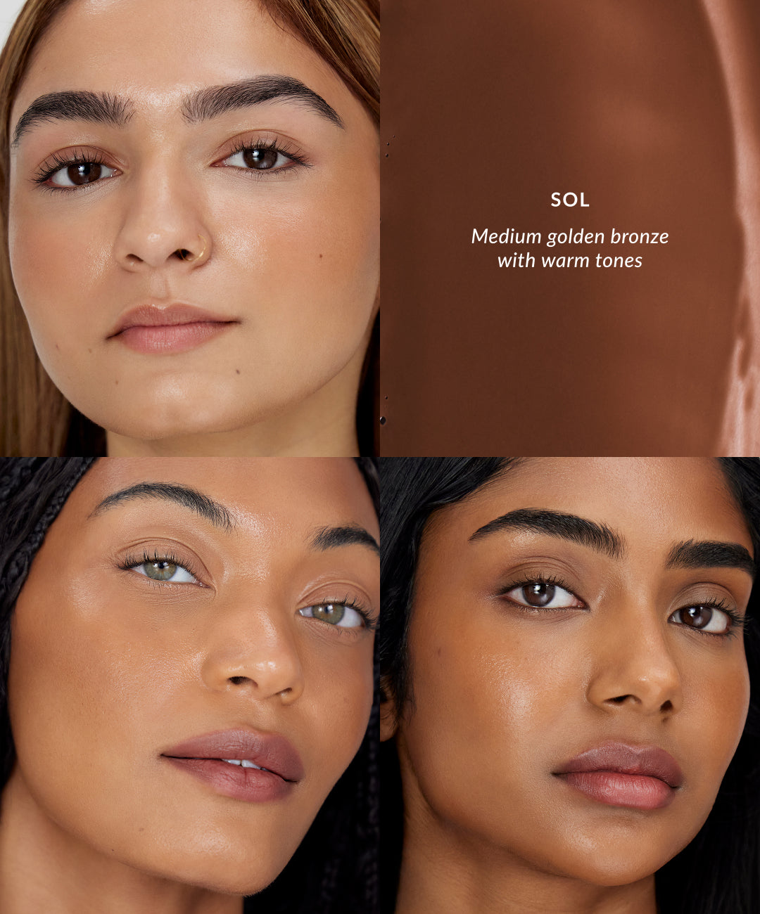 REFY Water Bronzer tono Sol, bronze dorado medio en distintos rostros #color_REFY Sol