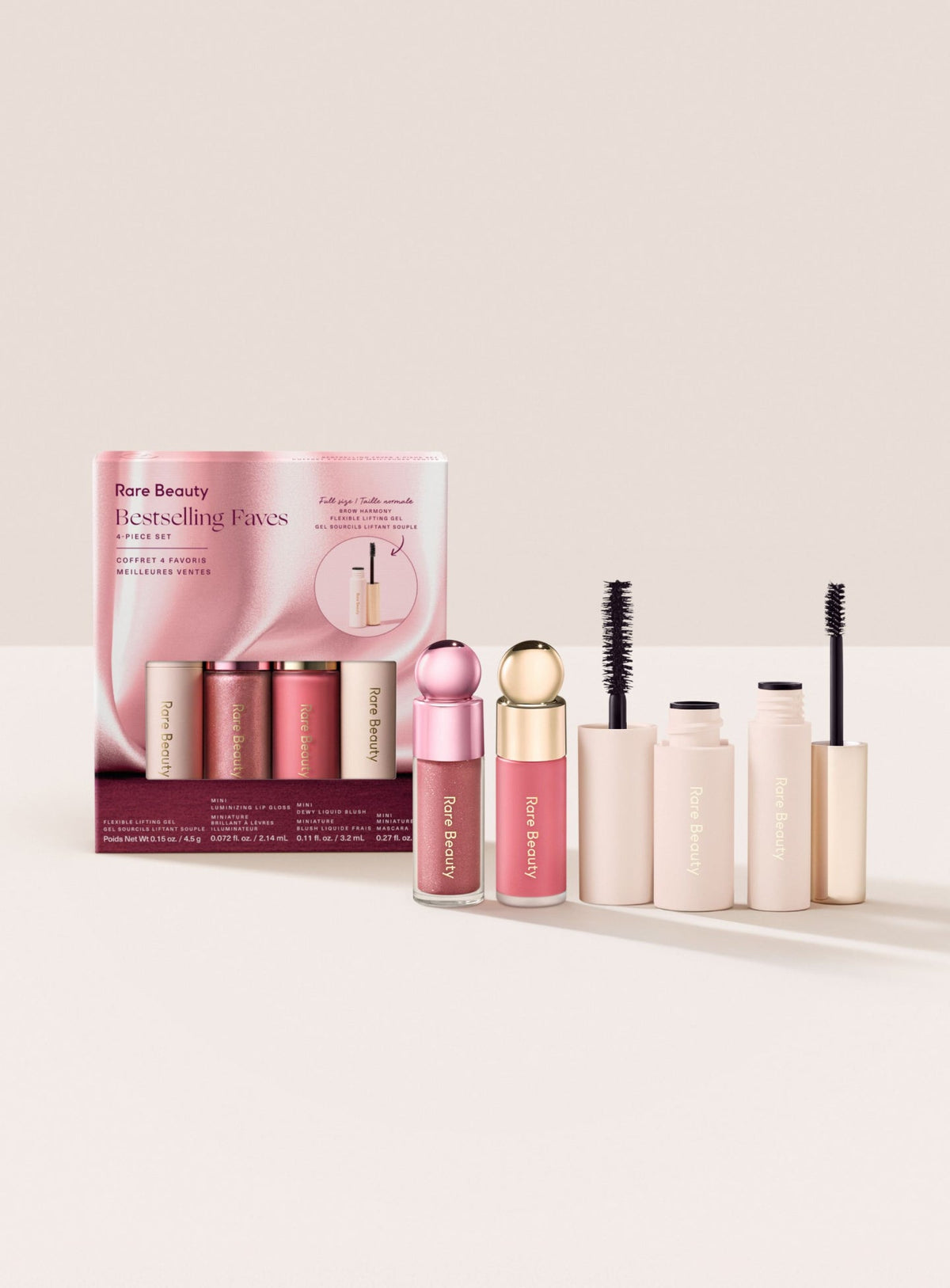Rare Beauty Bestselling Faves 4 Piece Set, kit de maquillaje con caja rosa, rubor, gloss, máscara y gel para cejas