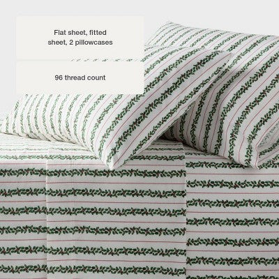 Threshold Holiday Flannel Sheet Set, White colored sheet set with horizontal green colored holly garland stripes and thin red colored… #color_THRESHOLD Botanical Stripe