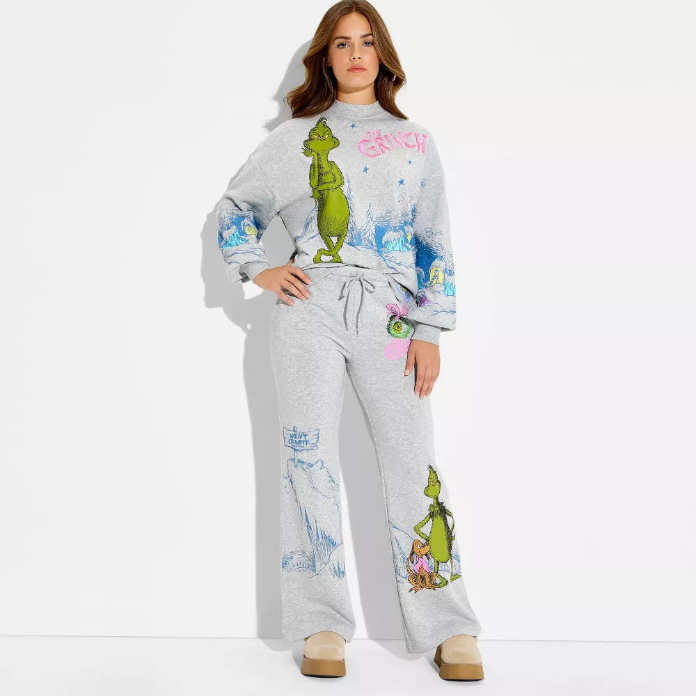 Women's Grinch Wide Leg Graphic Pants - Heather Gray