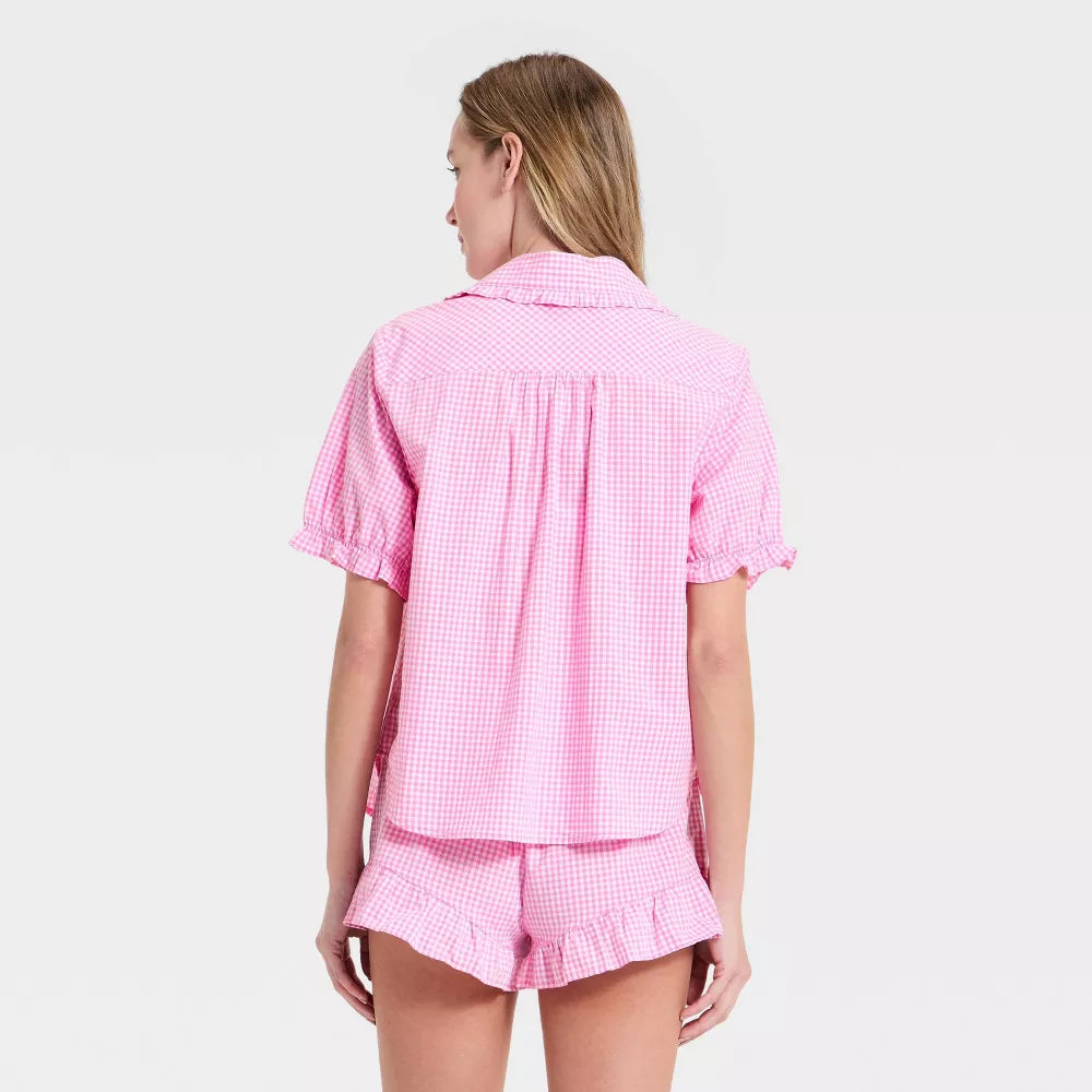 Women's Mommy & Me Ruffle Short Sleeve Notch Collar Shirt and Shorts Pajama Set