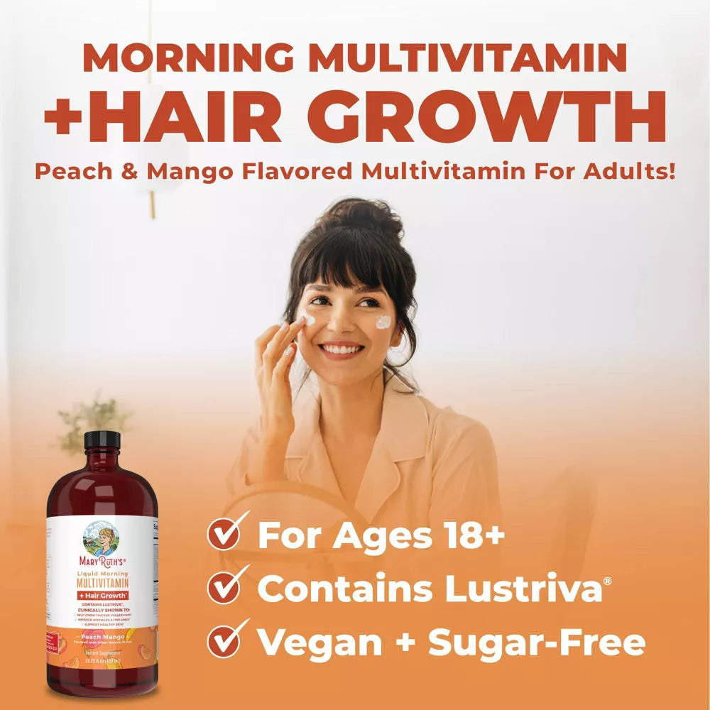 MaryRuth’s liquid morning vegan multivitamin hair growth peach mango suplemento