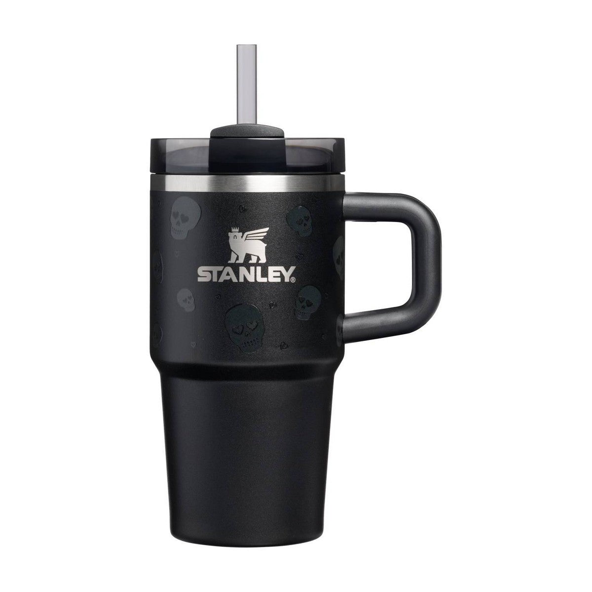 Termo Stanley Sweetheart Skulls de 20 oz, vista frontal negra con asa y popote #tamaño_591 ml / 20 oz