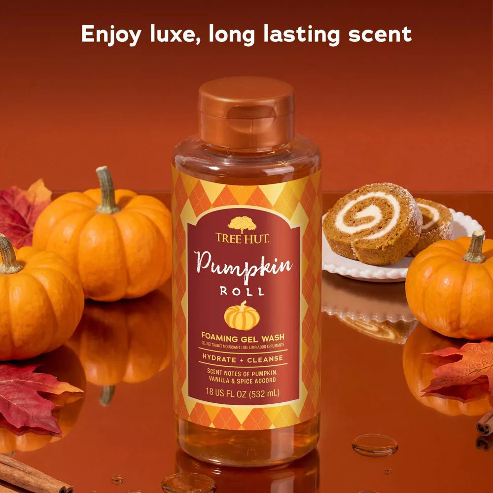Tree Hut Pumpkin Roll, gel de baño corporal junto a calabazas y notas otoñales