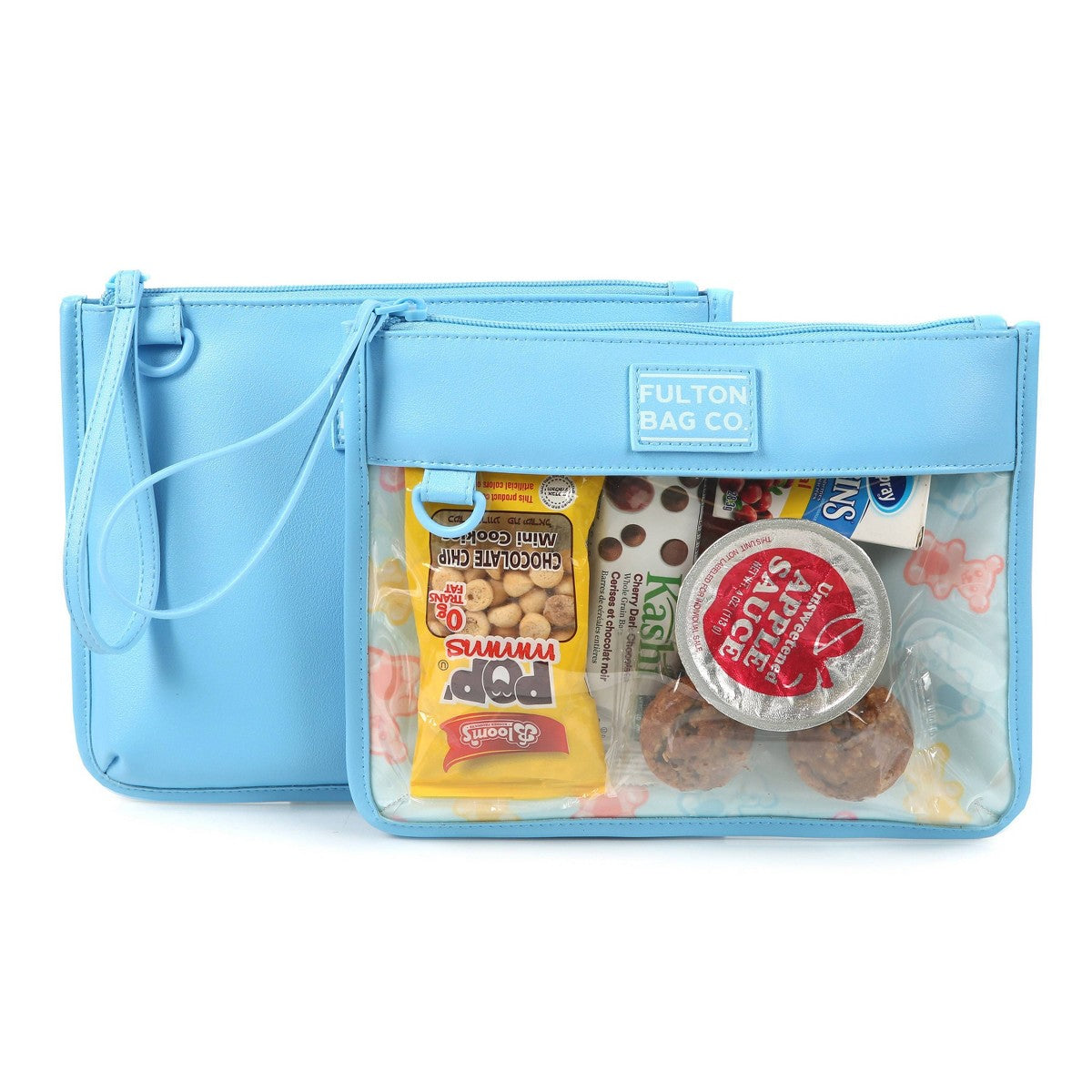 Bolsa térmica Fulton Bag Co. en color azul con snacks visibles en el panel transparente #color_FBC Blue