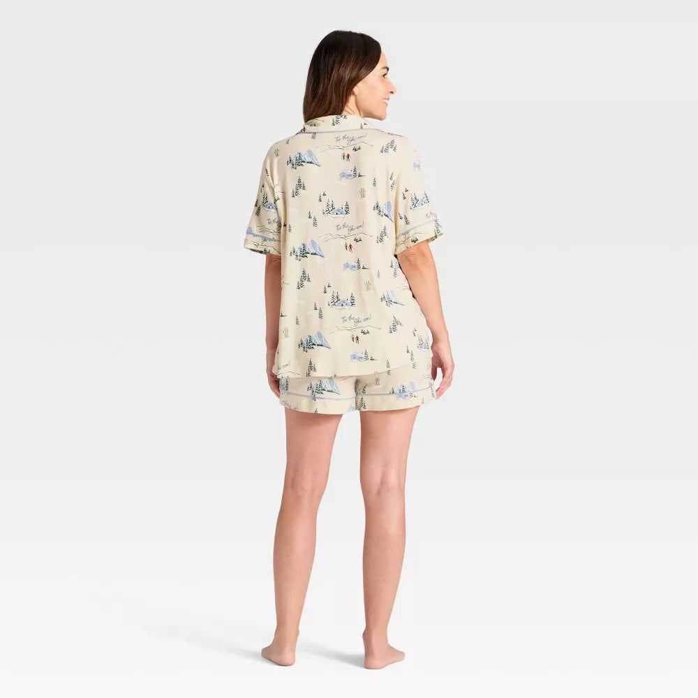 Women's Cloud Knit Modal Notch Collar Short Sleeve Top and Shorts Pajama Set - Auden Cream 'Tis the Skison