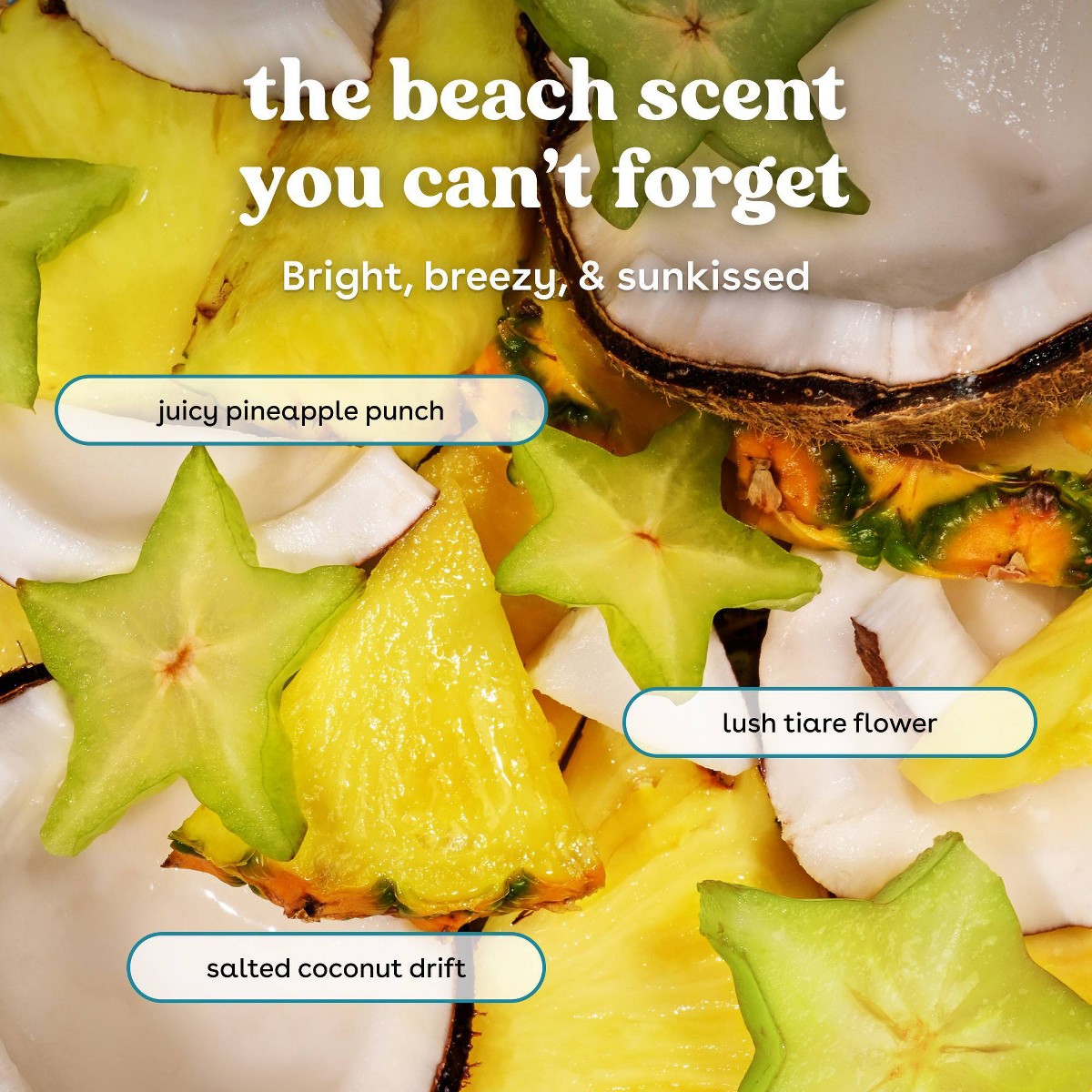 Notas aromáticas de eos Beach Waves con piña flor de tiaré y coco salado