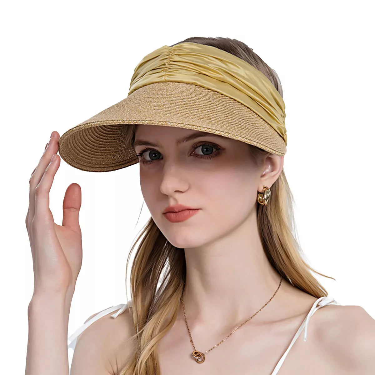 Womens Straw Sun Visor Wide Brim Adjustable Elastic Band Lightweight Summer Hat