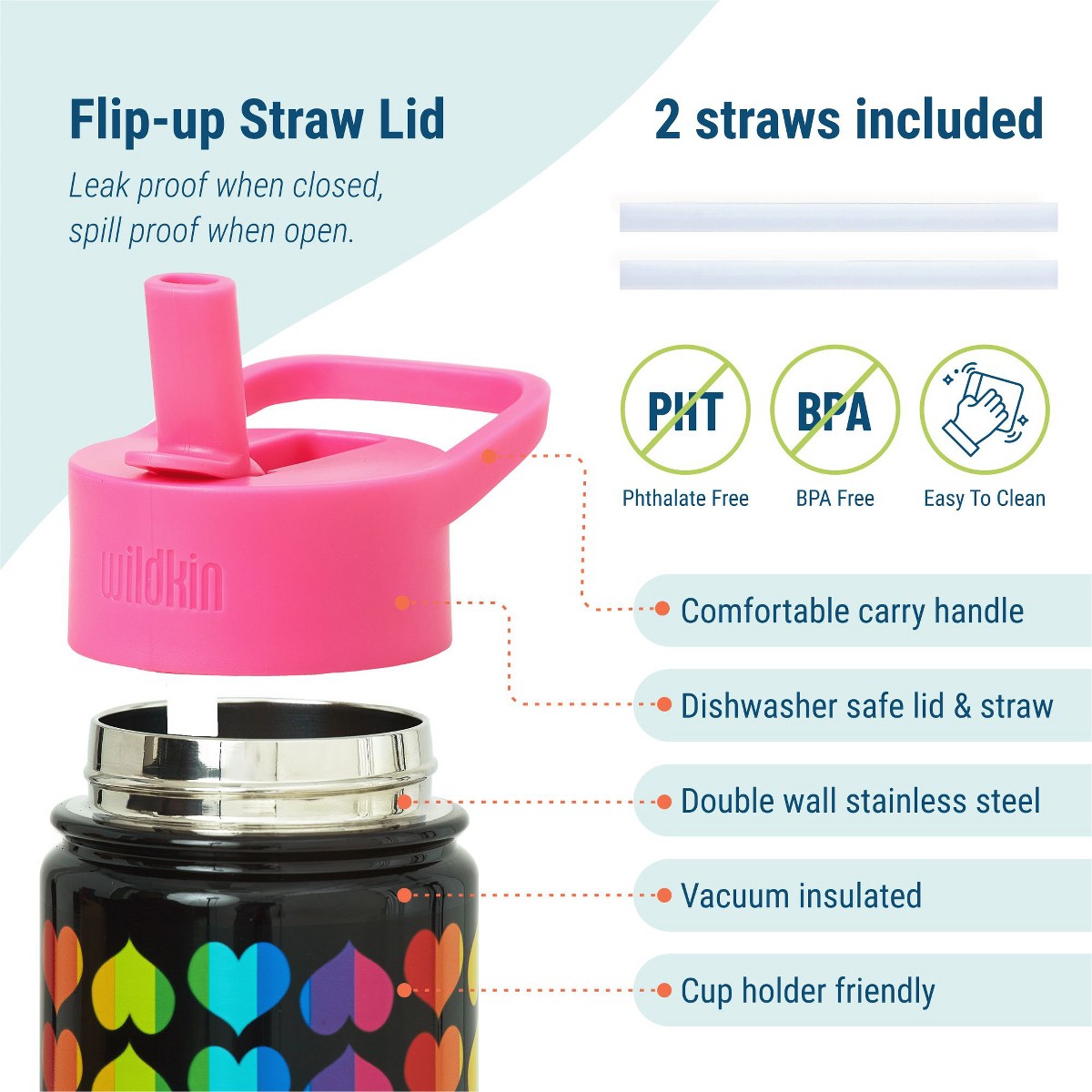 Botella Wildkin 414 ml con popote diseño Rainbow Hearts, detalle #color_WIK Rainbow Hearts