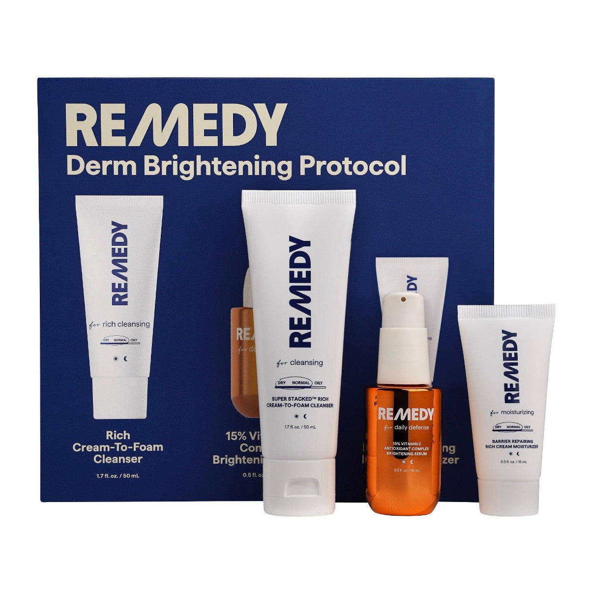Remedy Skin Brightening 3-Piece Skincare Kit con limpiador sérum de vitamina C y crema hidratante