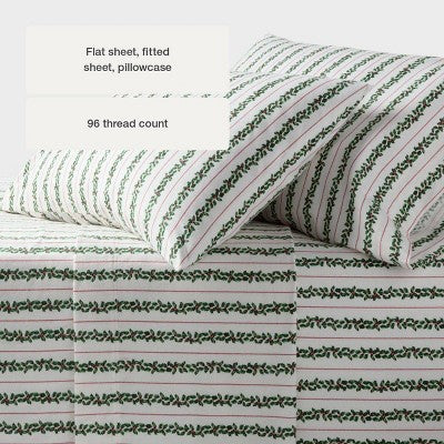 Threshold Holiday Flannel Sheet Set, Sheet set on white background with green colored holly-vine stripes and thin red colored lines,… #color_THRESHOLD Botanical Stripe