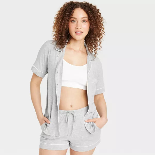 Women's Cloud Knit Short Sleeve Notch Collar Top and Shorts Pajama Set