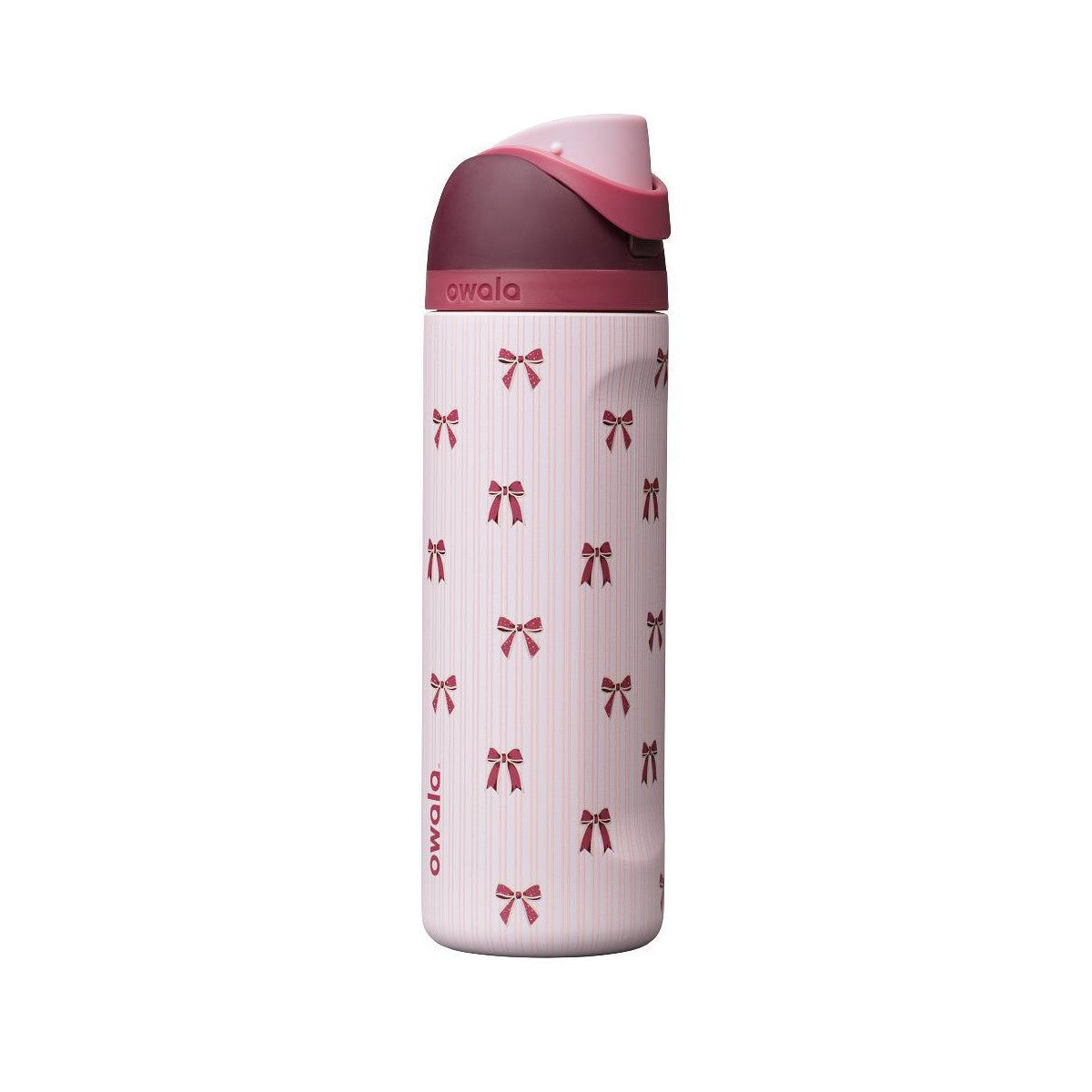 Owala FreeSip Take a Bow de 710 ml, termo rosa con rayas y moños color borgoña