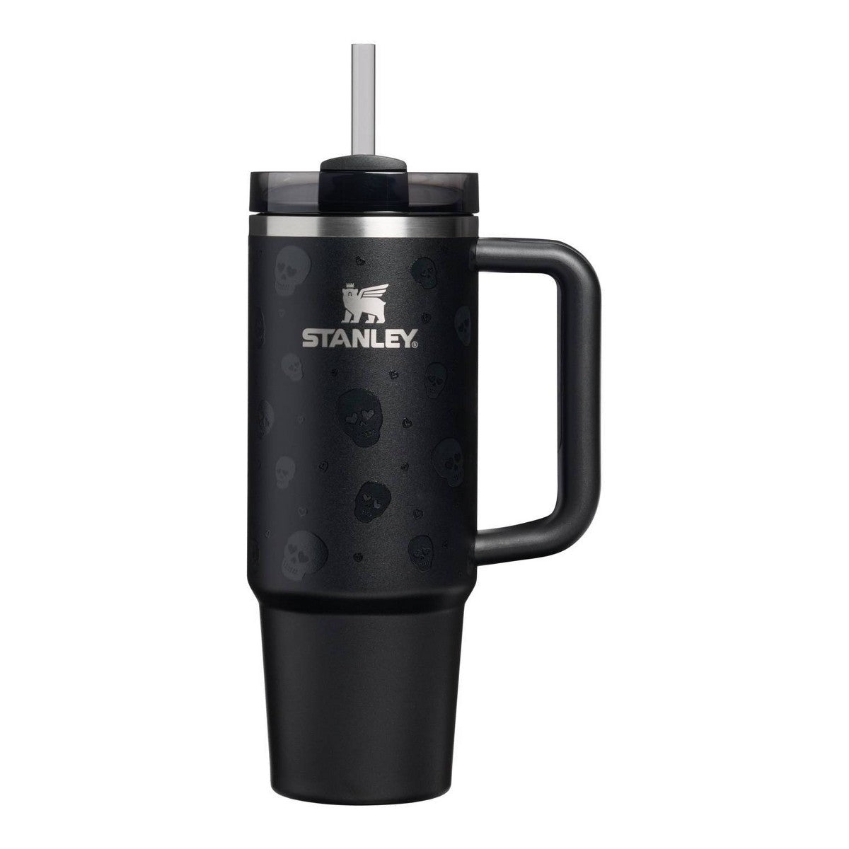 Termo Stanley Sweetheart Skulls de 30 oz, vista frontal negra con asa y popote #tamaño_887 ml / 30 oz
