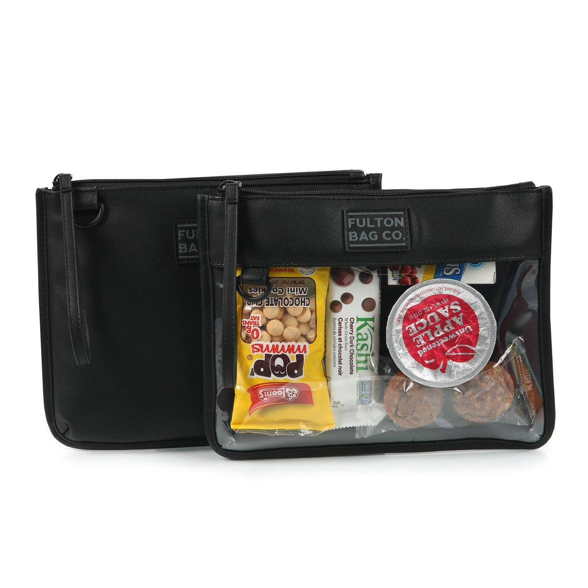 Bolsa térmica Fulton Bag Co. en color negro con snacks visibles en el panel transparente #color_FBC Black