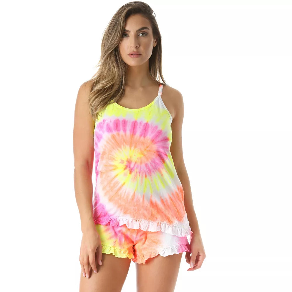 Tie Dye Pajama Short Set with Ruffle Detail | Womens PJ Set