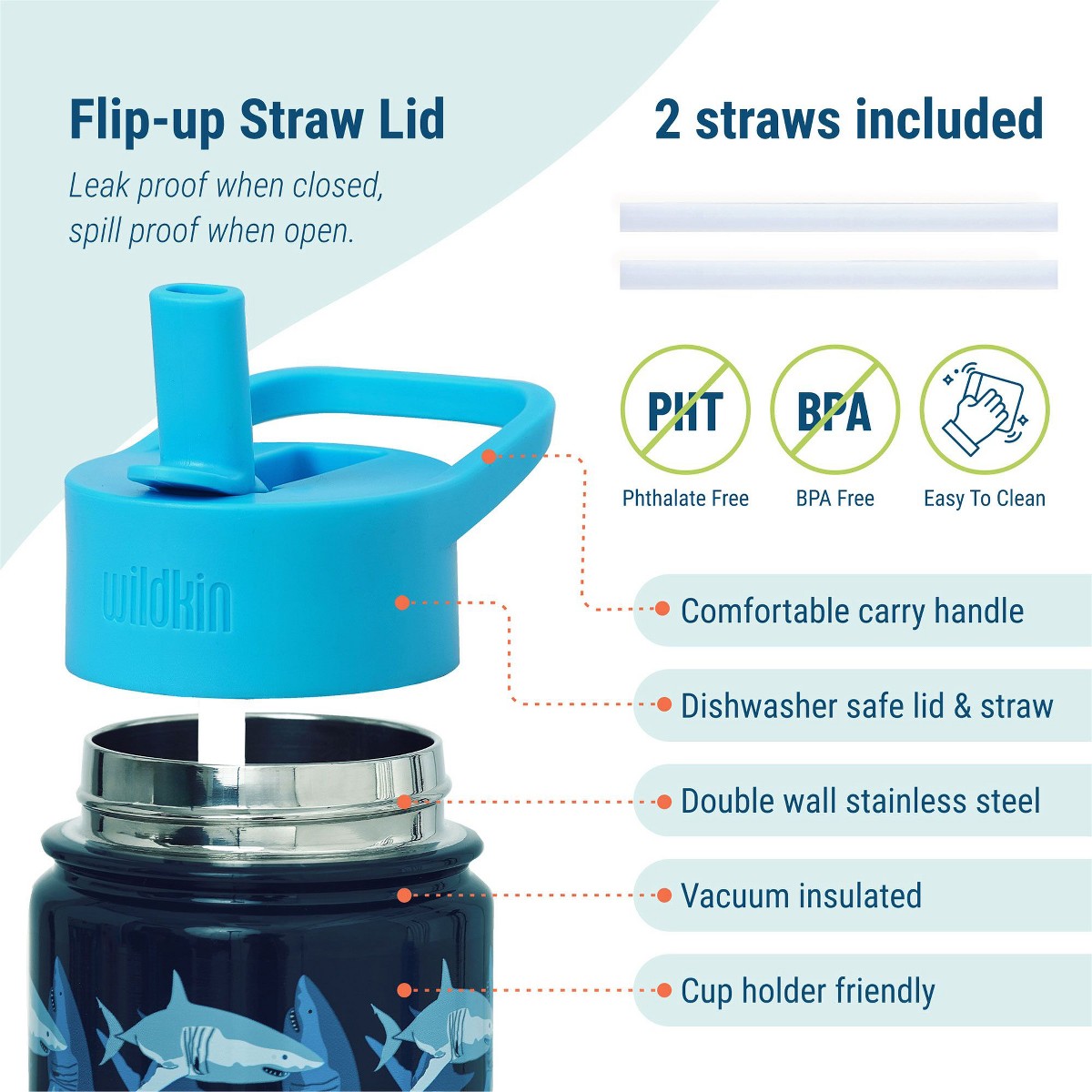 Botella Wildkin 414 ml con popote diseño Sharks, detalle #color_WIK Sharks