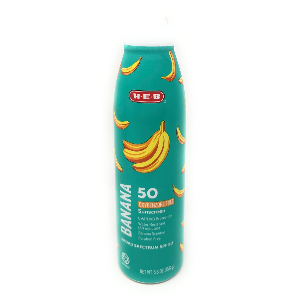 H-E-B protector solar SPF 50 en aerosol con aroma a plátano, envase verde turquesa con ilustraciones de plátanos de 156 gr