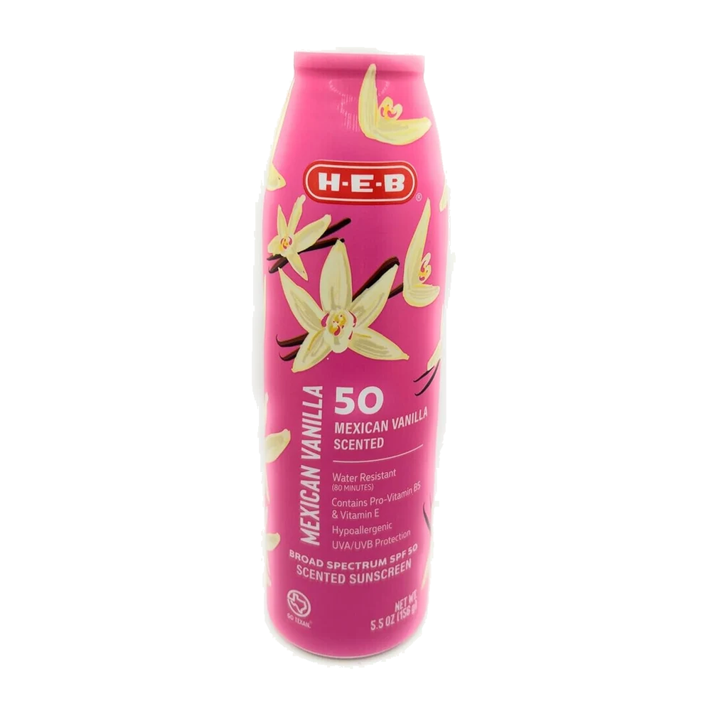 H-E-B protector solar SPF 50 en aerosol con aroma a vainilla mexicana, envase rosa con flores blancas de vainilla de 156 gr