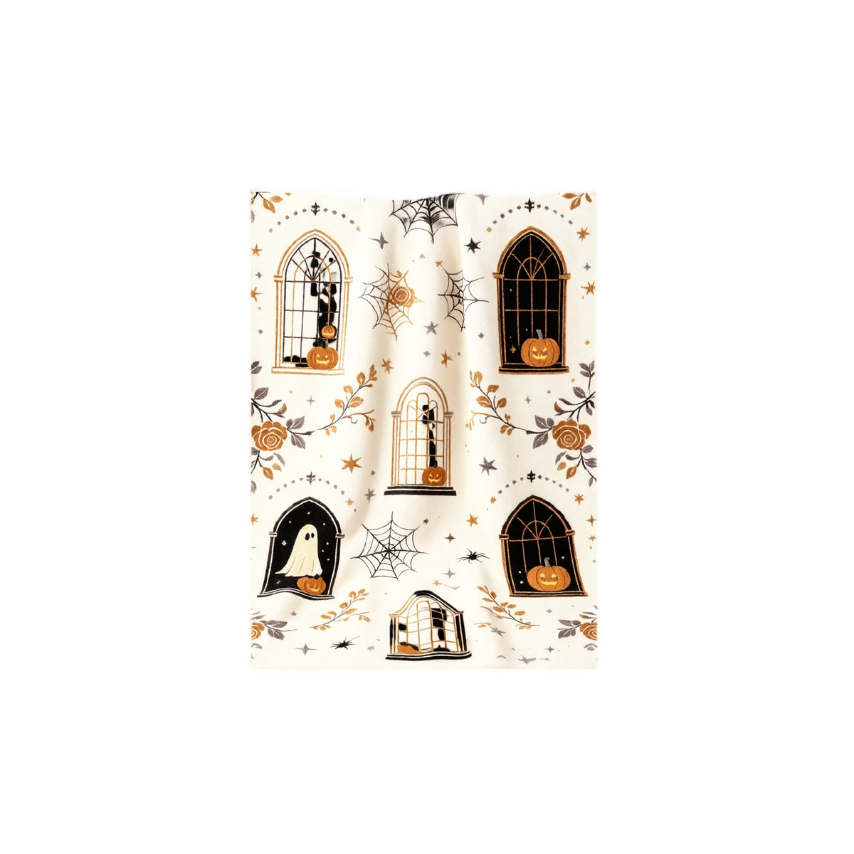 Manta de Halloween Willowtide con fantasmas, calabazas, gatos negros y ventanas sobre fondo crema