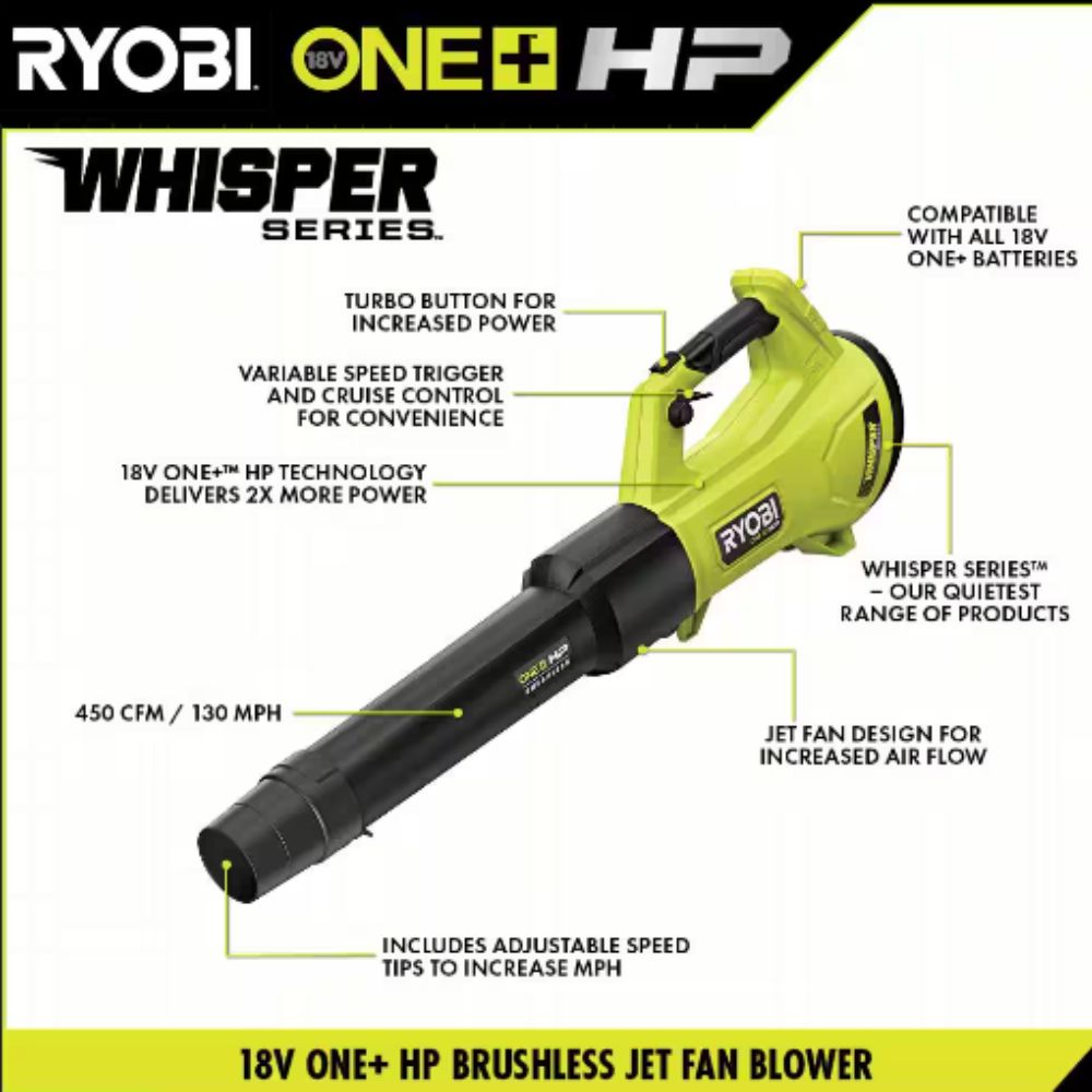 ONE+ HP 18V Brushless Whisper Series 130 MPH 450 CFM Cordless Battery Leaf Blower