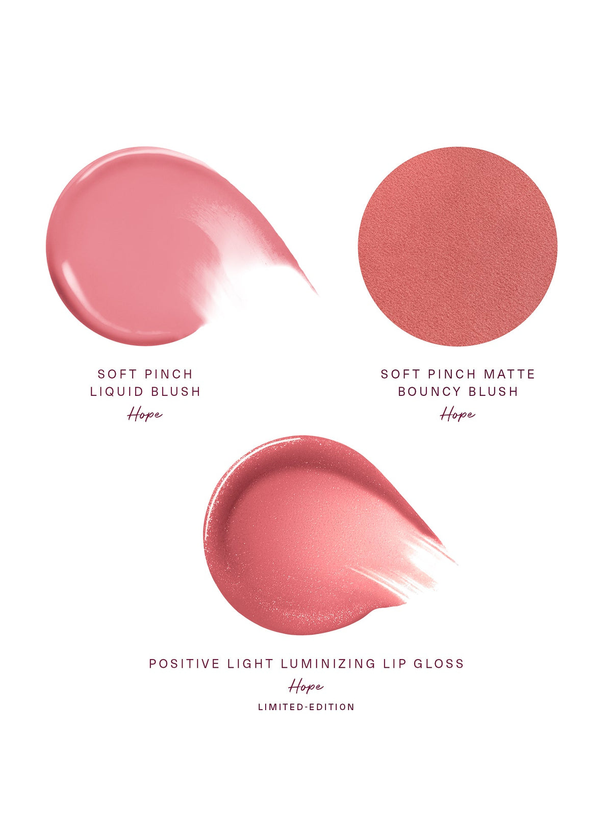 Texturas Hope de Rare Beauty: rubor líquido luminoso, rubor Matte Bouncy y gloss con destellos