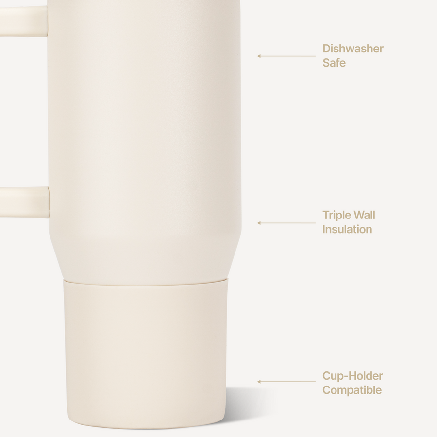 Acercamiento al cuerpo y la base del termo HydroJug Traveler Cream, con indicaciones de sus características #color_Cream