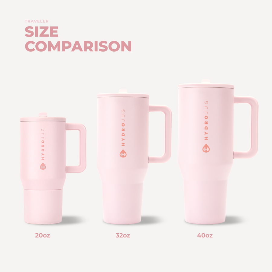 Comparativa de tamaños HydroJug Traveler en color Pink Sand: 20, 32 y 40 oz; esta ficha corresponde a 20 oz #color_Pink Sand