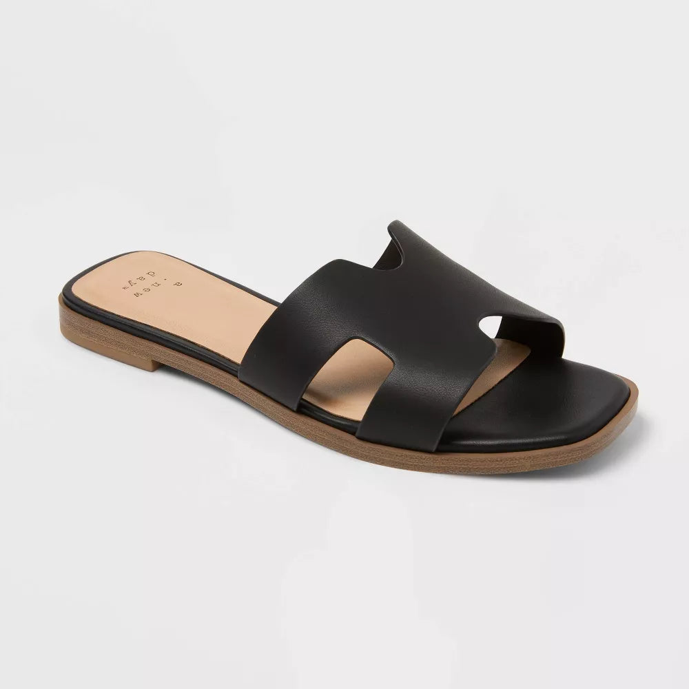 Sandalias planas A New Day Nina negras para mujer con punta cuadrada #color_AND Black