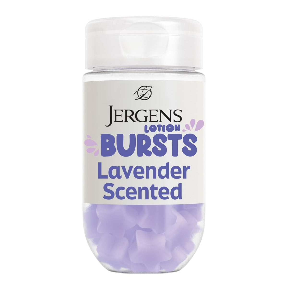Jergens Lavender Lotion Bursts frasco con 38 cápsulas violetas de loción en forma de estrella