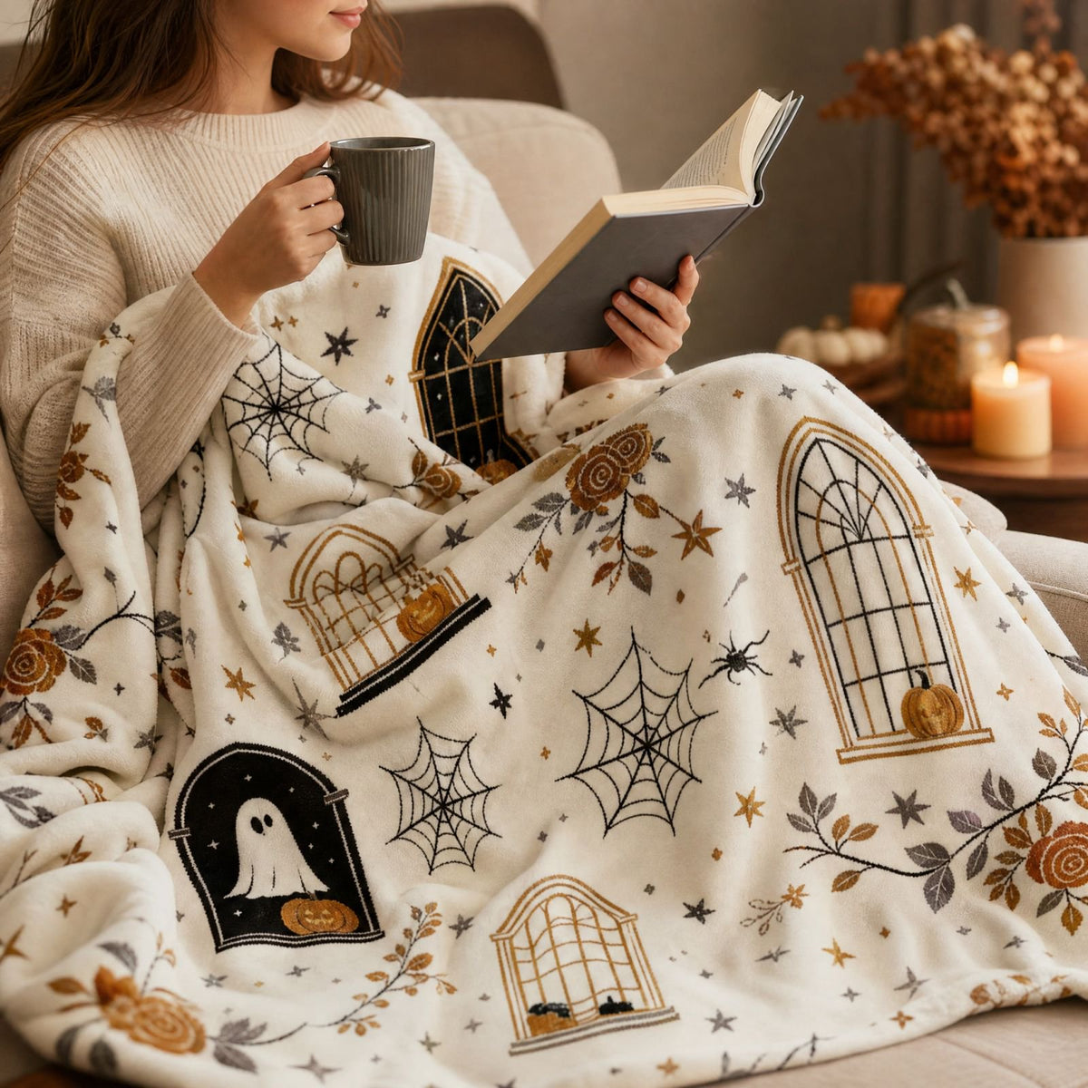 Willowtide Halloween Throw Blanket Ghost & Pumpkin 70 x 100 cm