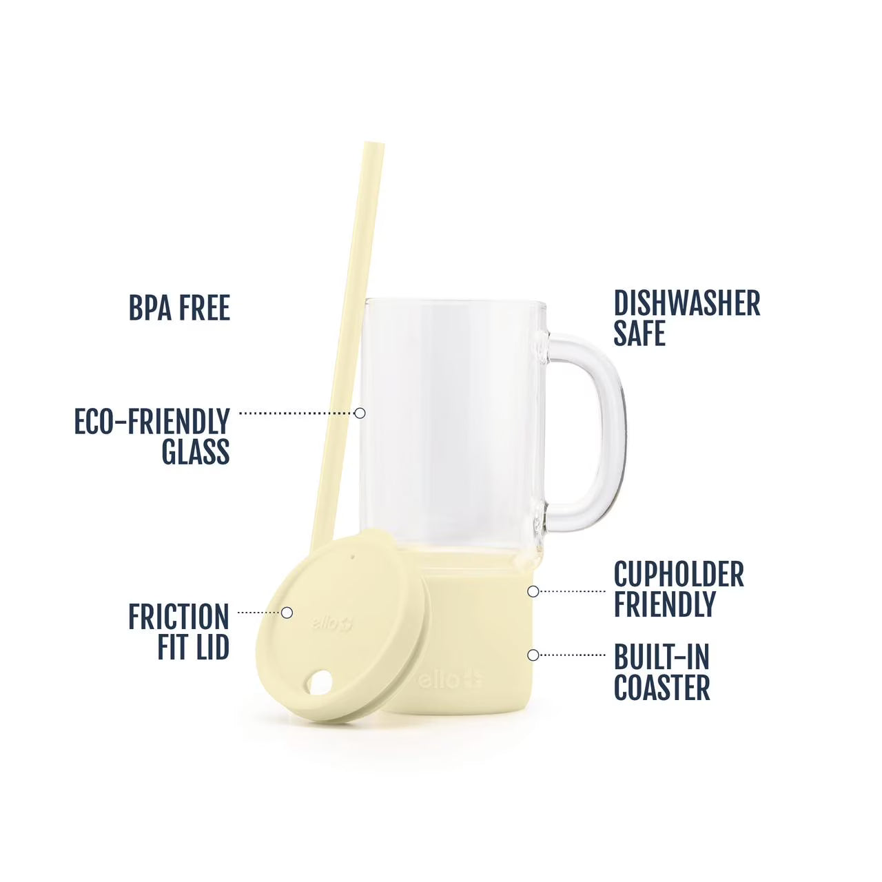 Vaso de vidrio Ello Nova Butter Yellow de 18 oz con tapa y popote #color_ELLO Butter Yellow