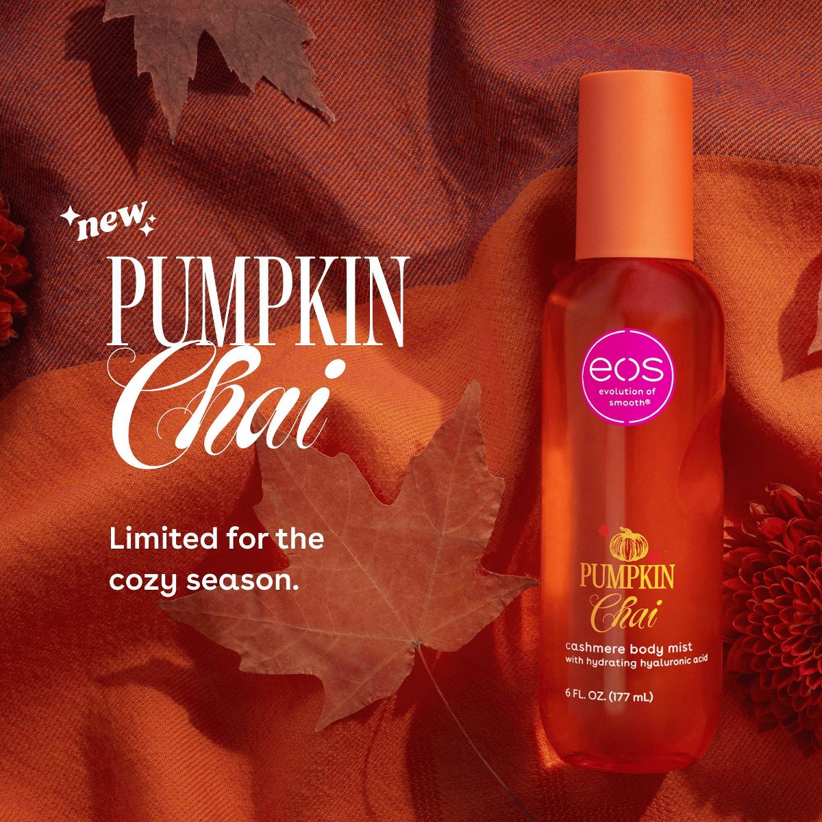 eos Pumpkin Chai Body Mist con notas de calabaza especiada, leche espumosa, pimienta rosa y nuez moscada