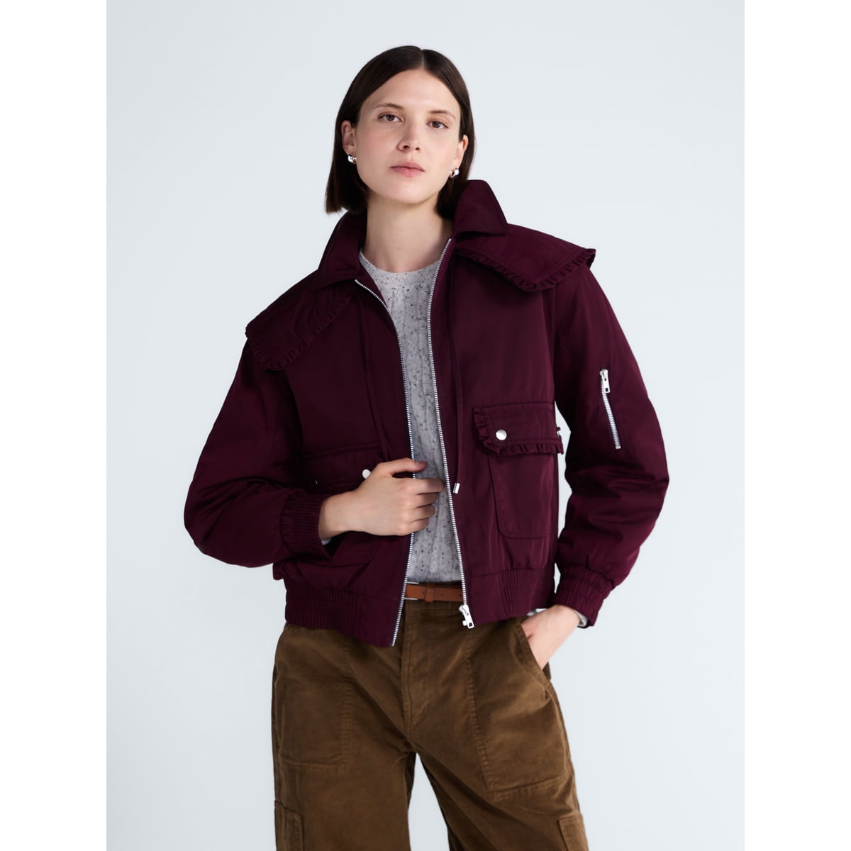 Free Assembly Ruffle Collar Bomber Jacket Burgundy Wine vista 1 #color_FA Burgundy Wine