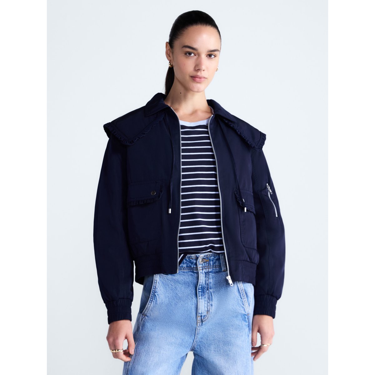 Free Assembly Ruffle Collar Bomber Jacket Darkest Navy vista 1 #color_FA Darkest Navy