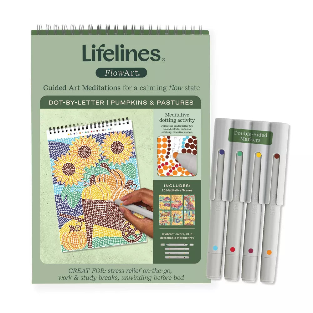 Lifelines FlowArt Dot-By-Letter Pumpkins & Pastures con bloc de calabazas y cuatro marcadores. #diseño_Pumpkins & Pastures