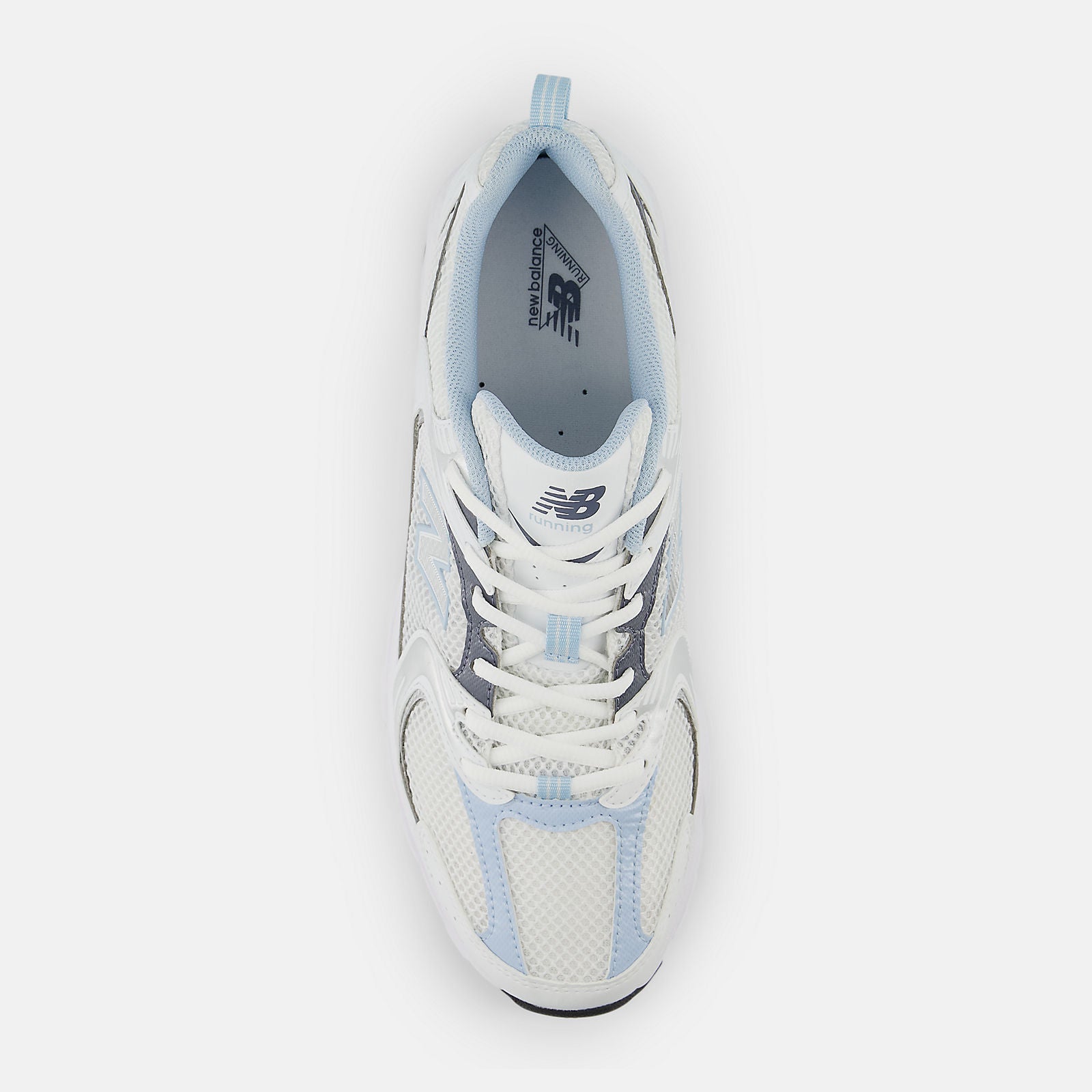 New Balance 530 White with dark arctic grey and light chrome blue