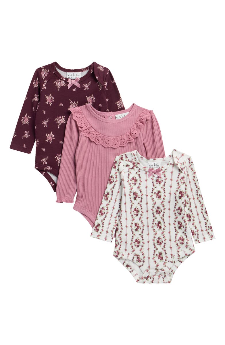 Nicole Miller Kids' 3-Pack Long Sleeve Bodysuits, conjunto de ropa para bebé en color Fig Sea Spray, fotografía oficial del producto