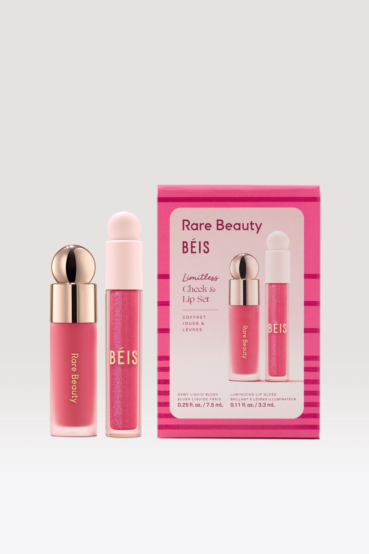 Set Rare Beauty x BÉIS Limitless con rubor Soft Pinch, brillo Positive Light y caja rosa de edición limitada